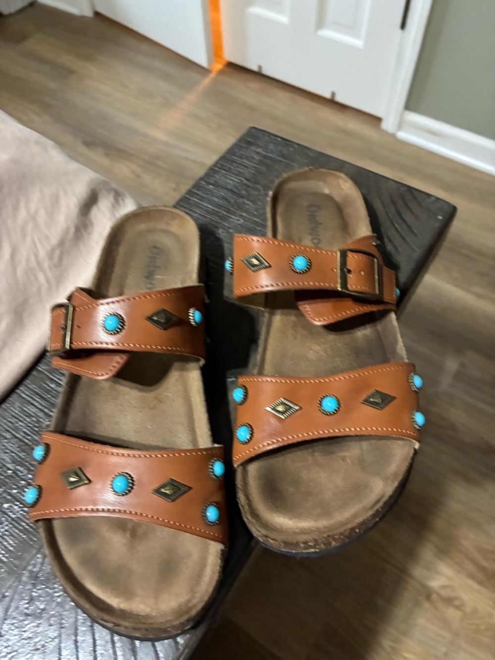 Studded Brown Leather Slide Sandals with Turquoise Accents